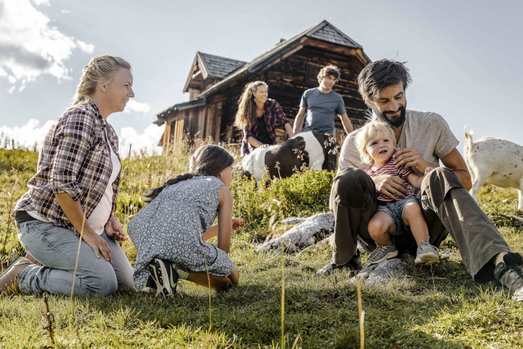 Familien beim Spielen mit Tieren auf der Gjaidalm in Obertraun